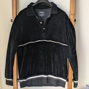 Todd Snyder Men's Black Velour Polo Sweatshirt with White Trim - Size S